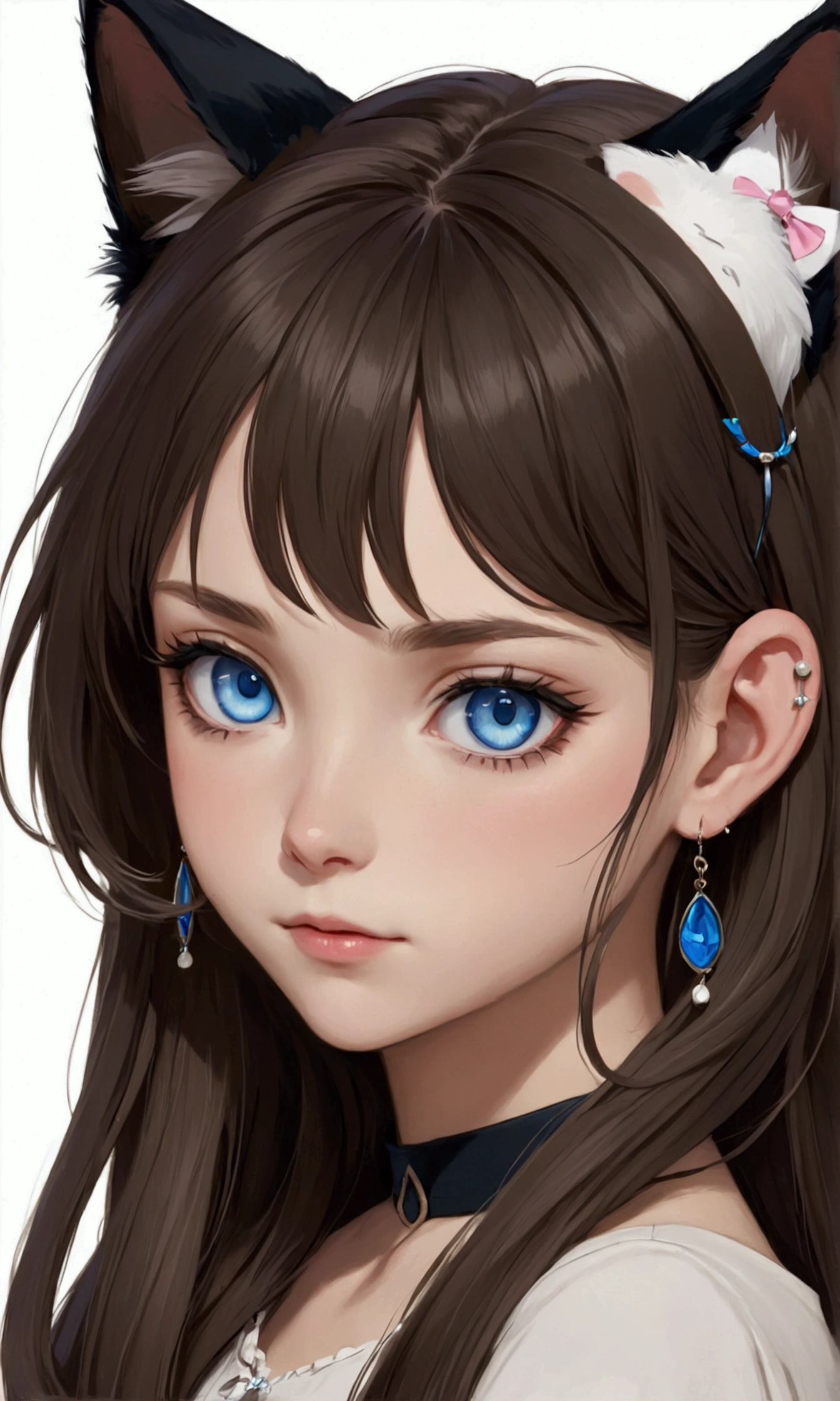 1 girl, Solo, high resolution, long hair, shill, blue eyes, simple background, hair accessories, shut your mouth, earring, cat ears,