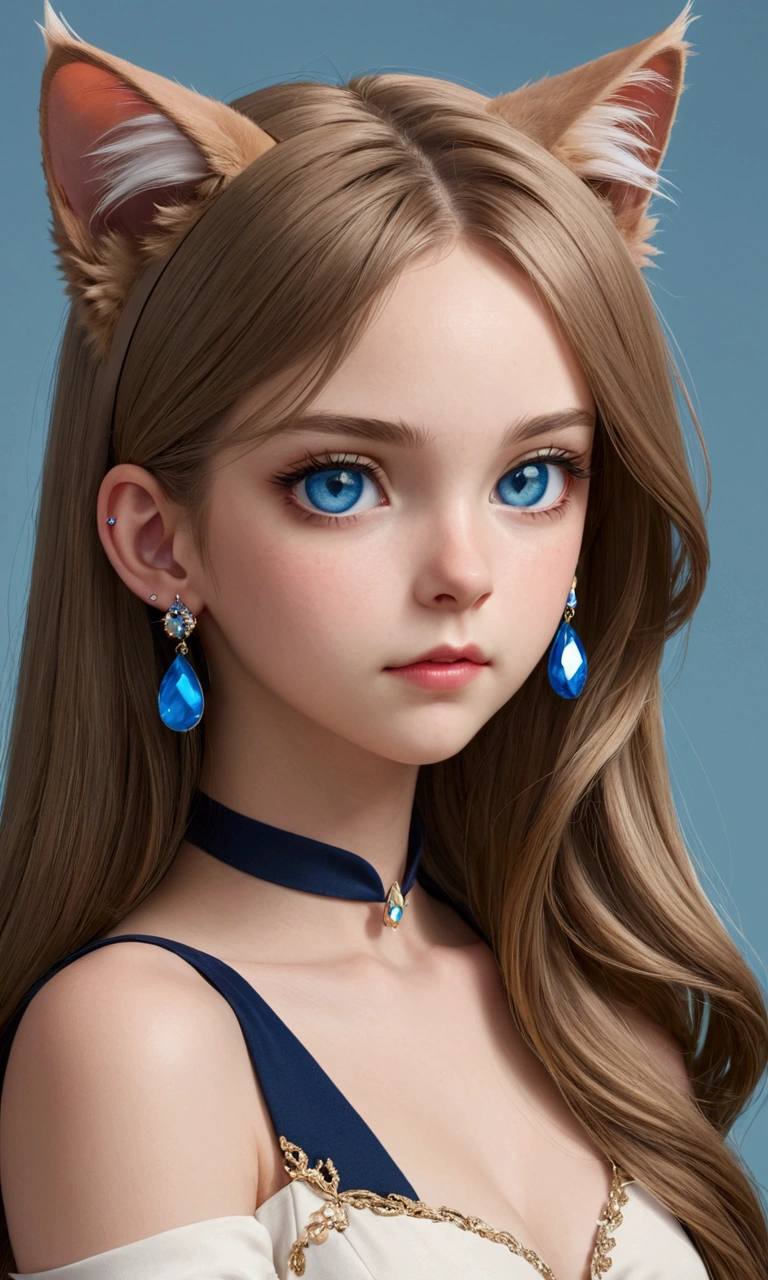 1 girl, Solo, high resolution, long hair, shill, blue eyes, simple background, hair accessories, shut your mouth, earring, cat ears,