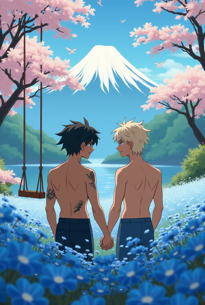 This image has to be in the Japanese art style. Two 18-year-old boys, half-naked, wearing only boxer shorts, are facing away from each other and sitting in a field of blue flowers with several cherry trees. There is a lake with a huge mountain in the background. It is a beautiful day and there are small dragons flying through the sky. The two boys are holding hands. One of the boys has tanned skin, black hair and a tattoo. The other boy has fair skin, blond hair. Neither of them has a beard. There is a tree near them with a swing.