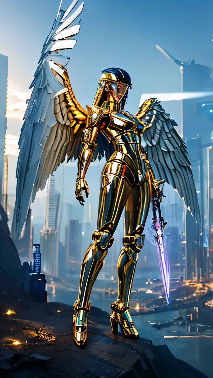 masterpiece,(bestquality),highlydetailed,ultra-detailed,1girl,(mechanicalwings:golden,glowingeyes:blue,goldenrarmor:1.2,elongatedears:0.8),(cyberpunkcity:1.5,weapon:energyblade),(fantasylandscape:1.2,natural lighting:1.5,confidentexpression),(panorama:1.2),mecha, smile,angle,Angels, wings,chrome,raw