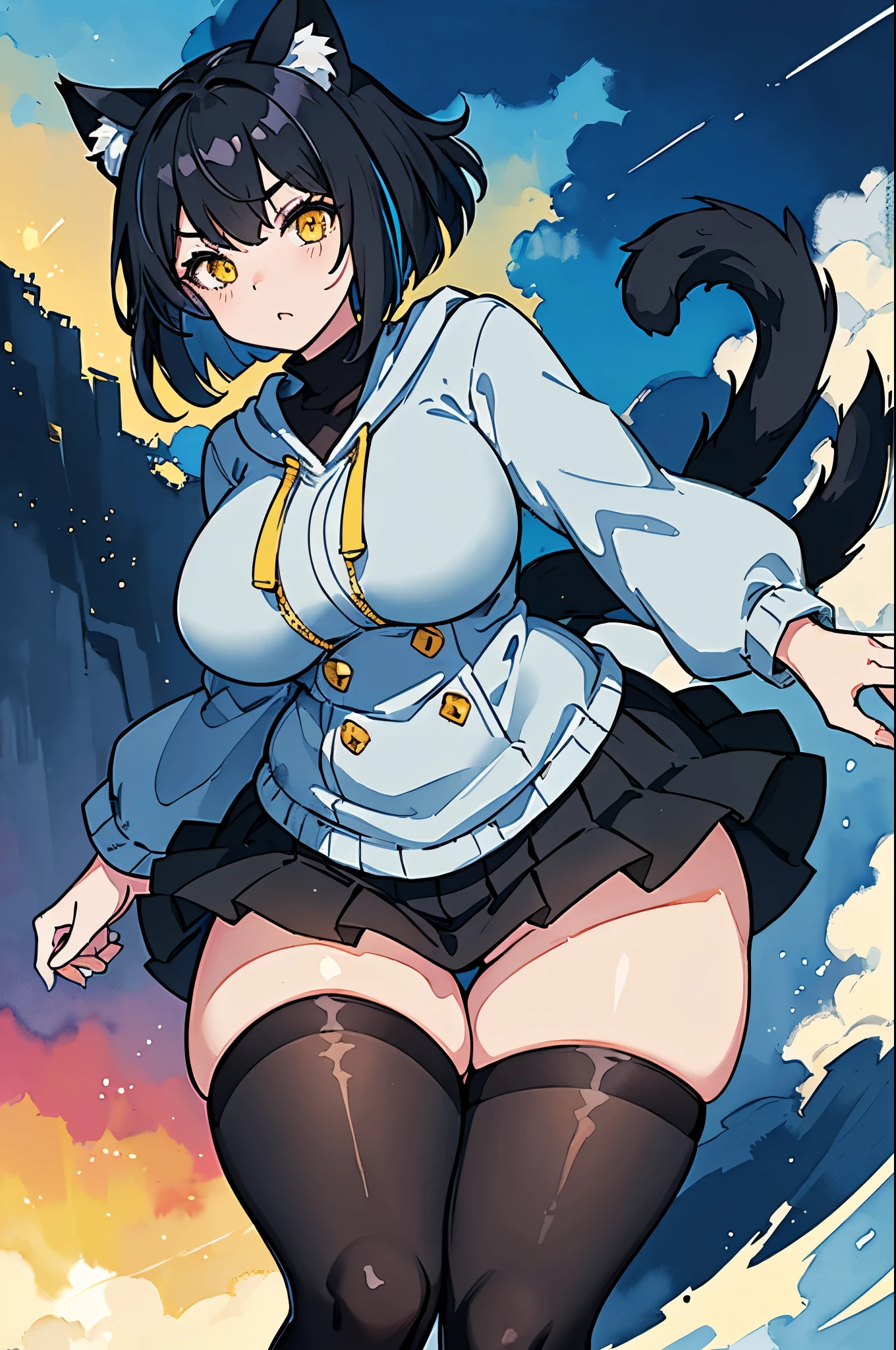 Anime moe style, ((Big thighs)), ((big hips)), thin waist, dommy, (((Black hair with blue highlights))), ((short layered bob haircut)), (Yellow eyes), (baggy black hoodie), (((voluptuous))), (((plump))), (giantess), (short skirt), (Upskirt angle showing polkadot panties), ((Black fluffy cat ears)), (((Fluffy Cat tail))), (((bushy tail))), thin waist, volumetric lighting, (masterpiece), dynamic angle, (best quality), ((evening sky)), (((watercolor speedpaint Illustration))), (watercolor sky), (((black thigh highs))), ((skindentation))