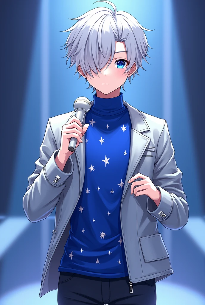 Anime idol boy with messy silver hair over one eye.
skin fair.
royal blue eyes.
silver metallic jacket.
royal blue turtleneck shirt with silver stars.
white idol microphone.
vocaloid sekai cool stylish