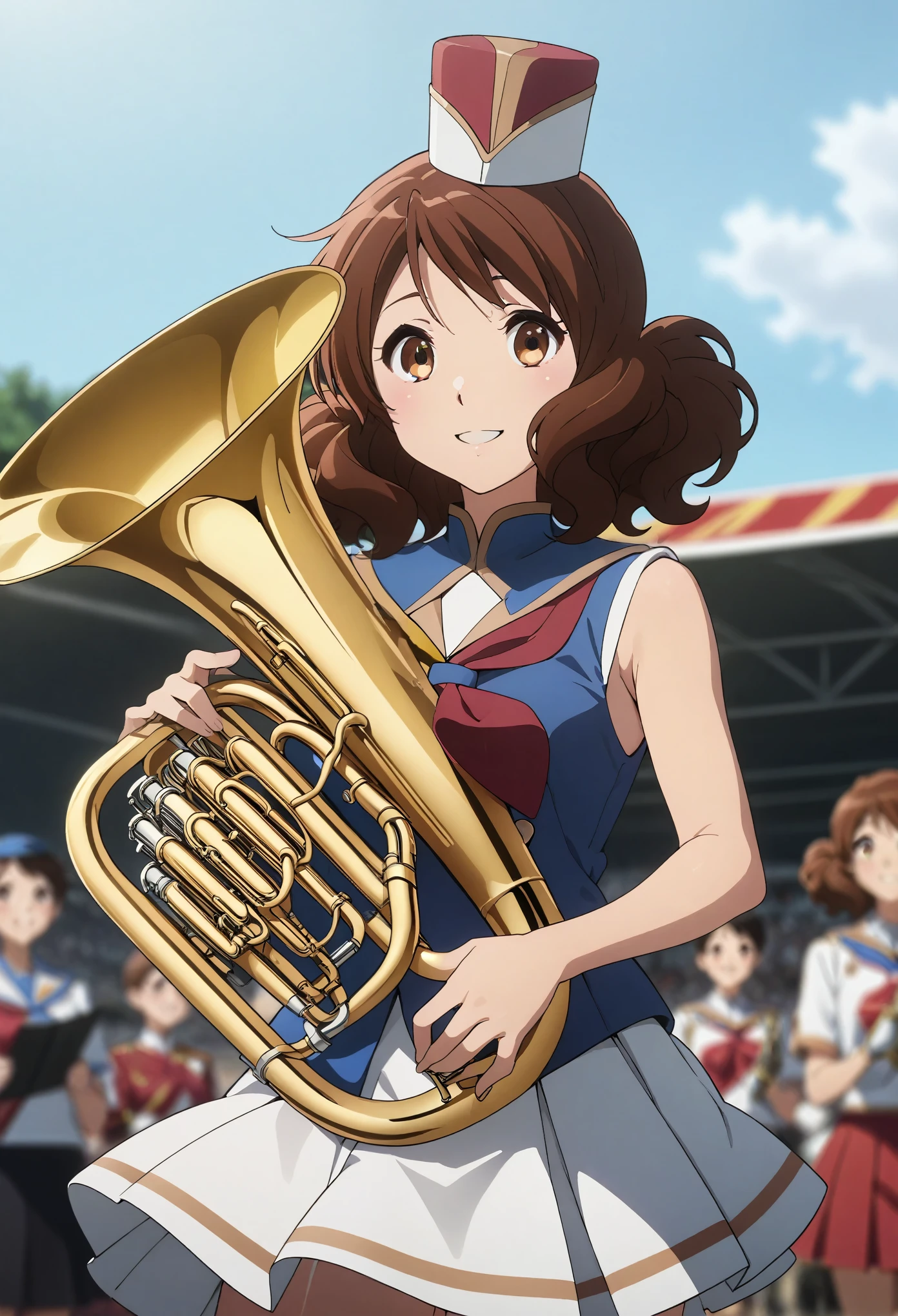 One girl,Oumae Kumiko,Medium Hair,Have a euphonium,
Sun Festival,band uniform,Mini Shako Cap,No sleeve,Blue Vest,Small breasts,smile,Cowboy Shot,Outdoor,
evaluation: general,masterpiece,Highest quality,  (Perfect hands, Perfect Anatomy), 1 girl,Cowboy Shot,Skirt flip,White lace panties,High quality anime、High resolution, Kumiko、Tabletop,band uniform,sunfes marching band uniform,[3D Images:1.5],[[Attractive eyes,Detailed eyes、Shining Eyes, Colorful eyes:1.15],whole、Looking at the audience,8k images,Cute Anime Girl, I'm smiling at you、