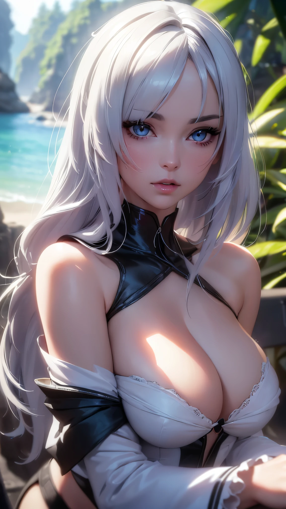 a very sexy girl, beautiful detailed eyes, beautiful detailed lips, extremely detailed eyes and face, longeyelashes, elegant pose(more erotic poses), seductive expression, flowing hair, porcelain skin, detailed dress,paradise island (coastal area, white sand) , sunlight filtering through trees, (best quality,4k,8k,highres,masterpiece:1.2),ultra-detailed,(realistic,photorealistic,photo-realistic:1.37),cinematic lighting,dramatic colors,vibrant palette, Nsfw