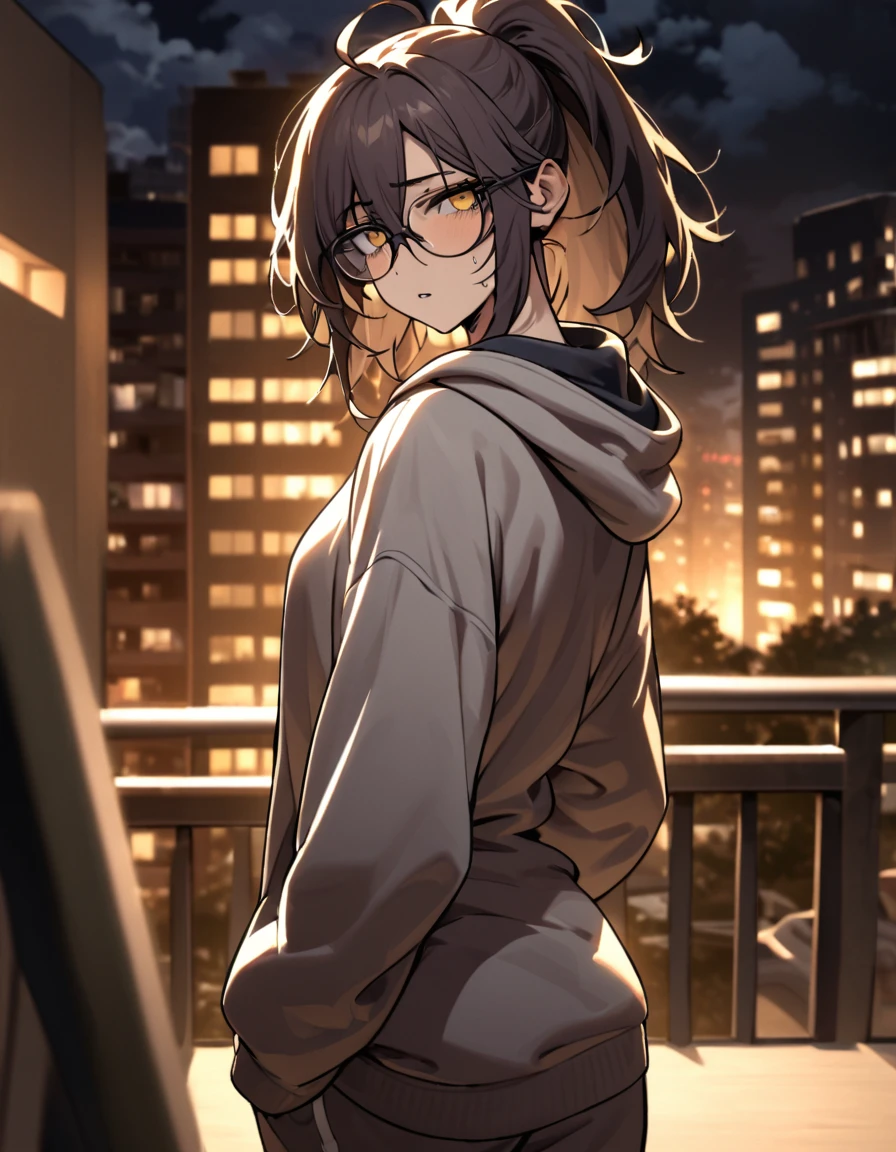 mature, golden eyes, looking at viewer, female, apartment background, messy hair, dark shoulder-length hair, ponytail, parted lips, hair between eyes, ahoge, emotionless, tired eyes, standing, from behind, sweatpants, hoodie, medical eye patch, comfy clothes, glasses, night, cloudy