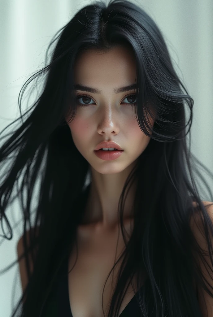 high quality, 8K Ultra HD, A beautiful sexy black hair , dark big eyes , long black hair exposure that combines an goddess crisp lines, The background is monochrome, sharp focus, double exposure, by yukisakura, awesome full color, 30 years tall dominant 