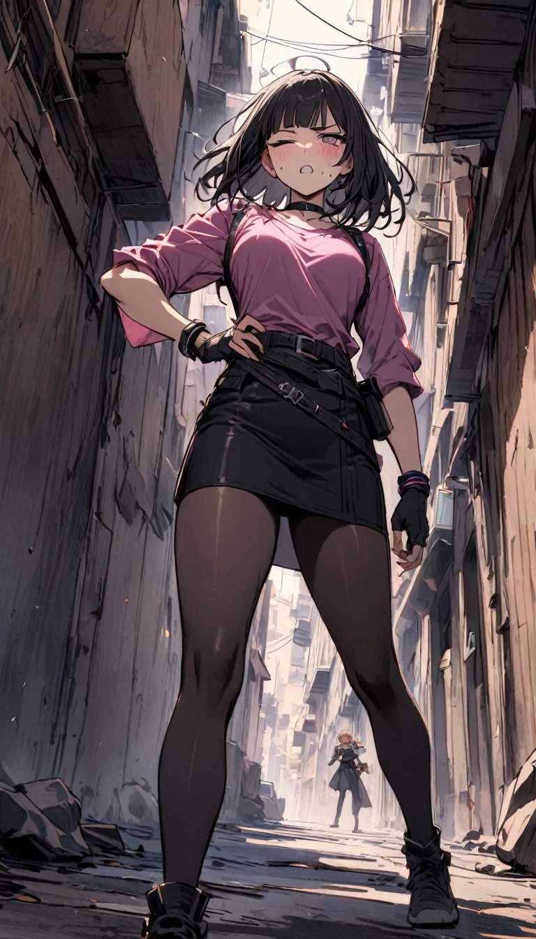 Dynamic composition,dutch angle,from below,solo,170cm tall female, theatrical animation style, Power Rangers preformation heroine,Transformation Bracelet,Pink-based shirt,BLACK PENCIL SKIRT, BLACK SKIRT,Black pantyhose,{{small face:1.8}},{{Grit your teeth:1.4}},{{fighting stance:1.6}}{{fight:1.6}},{{standing on one knee:1.6}},{{knee up:1.6}},{{masterpiece}}, {{{Highest quality}}},{{Very detailed}},{{Pain ,Suffering}},one eye closed,{{critical situation:1.6}},{}},1girl,30years old,{Mature Woman}},{{}},{{Grit your teeth:1.4}},,{{v-shaped eyebrows}},Bad mood,blush,Sweat,raise one's eyebrows、black fingerless gloves,Bad mood,profound,Beautiful thighs,clavicle、chest holster,BLACK Long Hair,Blunt bangs,Alley,Black Choker,belt