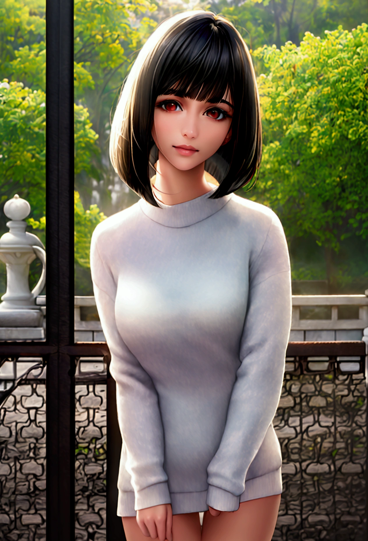 Top Quality, Masterpiece, Ultra High Definition, (Photorealistic: 1.4), (Look Off: 1.4), (Look Off: 1.4), No Look at Camera, Raw Photo, One Girl, Dark Hair, (Straight Bobs: 1.4), (Patsun: 1.4), Bangs, Smile, Glossy Skin, Dramatic Lighting, Neat, T-Shirt, White Summer Sweater, (Big: 0.9), parks