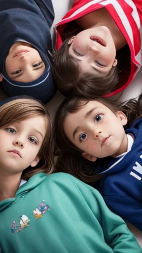 A group of English children in sweatshirts gathered together focus on the face