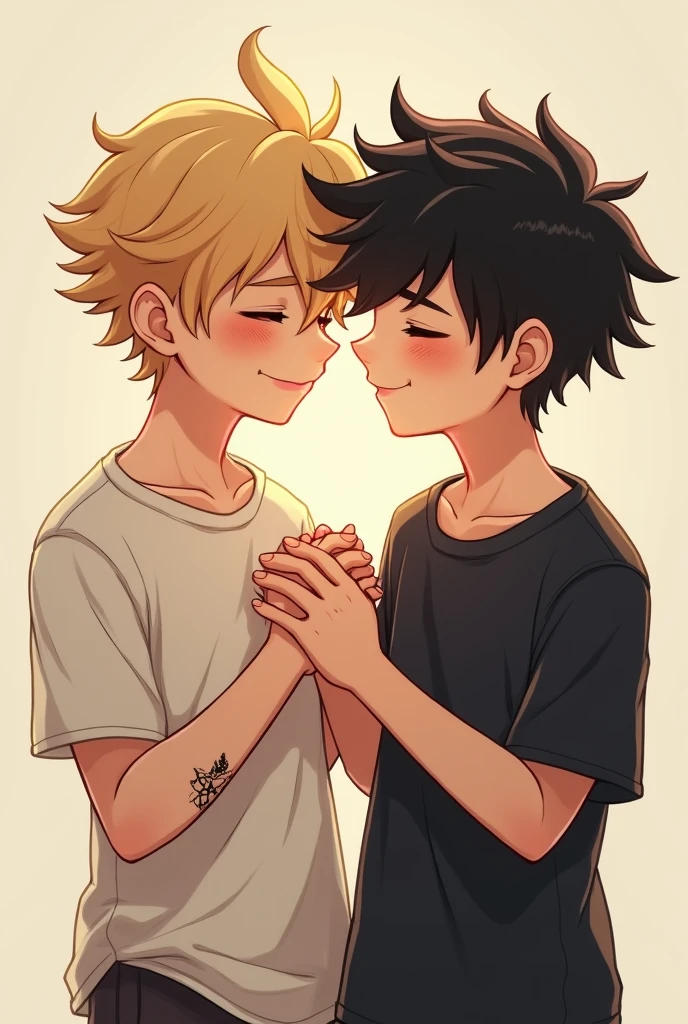Great an human look image with two boys the of 26 24 holding hands looking at each other one with tattoos on his left hand side make them cute one with blonde hair and one with black hair let the one with tattoos black hair and the other one blonde hair with what I describe