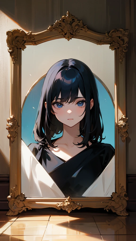A huge mirror in a basement with two characters looking into it, one with long black hair and black eyes.,and another with short hair and blue eyes 