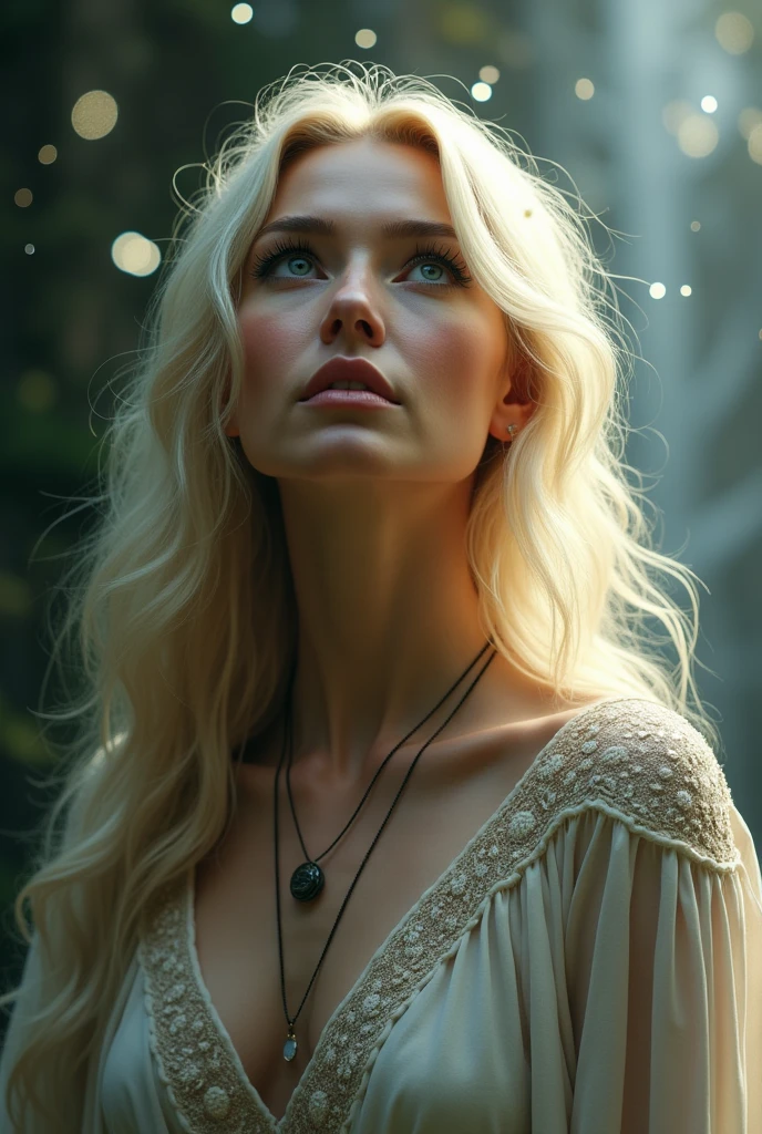 Blond 40 years old Woman witch with Big eyes in love hughe with jesus.
