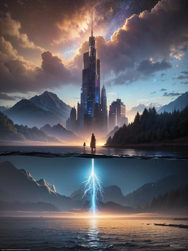 (8k, highest quality, masterpiece, final fantasy style: 1.2), (unRealistic, photoRealistic: 1.37), Dreamy landscape, Fantasy, Unsurreal landscapes, Super detailed, Flying Castle, Floating Island in the Sky, Seven-colored swirl of light, Intense lightning, milky way, Complex Light, Colored light, Large Lake, Starry sky reflected on the lake surface, Countless shining stars, Meteors,  Reflections , (A pillar of light emanated from the ground:1,2), roses and orchids gardens , sunset, pink clouds, waterfalls in the sky, realistic style, Hyperrealism drawing, a flying pirate spaceship floating at the clouds level, burning skyscrapers, cyborgs, timeless realms, stunning  princess  ,  casting spell, healing light magic effect, in a magical lagoon of the fairyland, crystal clear water surface reflections, sharp focus, looking at viewer, (close-up:0.9), (bright white theme:1.2), (bright white tone:1.2), (deep blue tone:1.3),((( realistic, Hyperrealism, vivid colours , landscapes , alien cyborgs , science fiction themes))), (((2 humanoid stunning female cyborgs posing )))