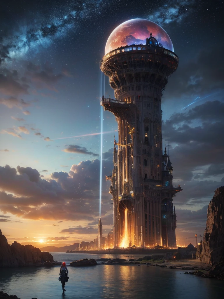 (8k, highest quality, masterpiece, final fantasy style: 1.2), (unRealistic, photoRealistic: 1.37), Dreamy landscape, Fantasy, Unsurreal landscapes, Super detailed, Flying Castle, Floating Island in the Sky, Seven-colored swirl of light, Intense lightning, milky way, Complex Light, Colored light, Large Lake, Starry sky reflected on the lake surface, Countless shining stars, Meteors, Reflections , (A pillar of light emanated from the ground:1,2), roses and orchids gardens , sunset, pink clouds, waterfalls in the sky, realistic style, Hyperrealism drawing, a flying pirate spaceship floating at the clouds level, burning skyscrapers, cyborgs, timeless realms, stunning princess , casting spell, healing light magic effect, in a magical lagoon of the fairyland, crystal clear water surface reflections, sharp focus, looking at viewer, (close-up:0.9), (bright white theme:1.2), (bright white tone:1.2), (deep blue tone:1.3),((( realistic, Hyperrealism, vivid colours , landscapes , alien cyborgs , science fiction themes))), (((2 humanoid stunning female cyborgs posing )))