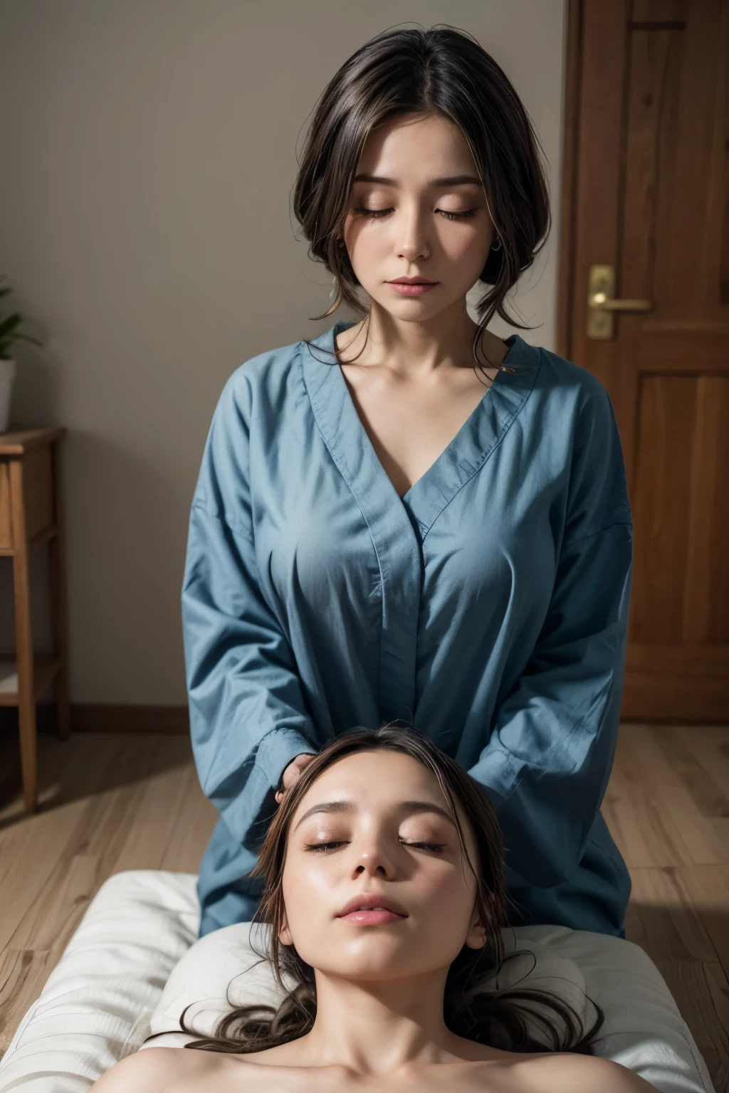 make a 40 year old woman with anxiety she is in a room receiving reiki