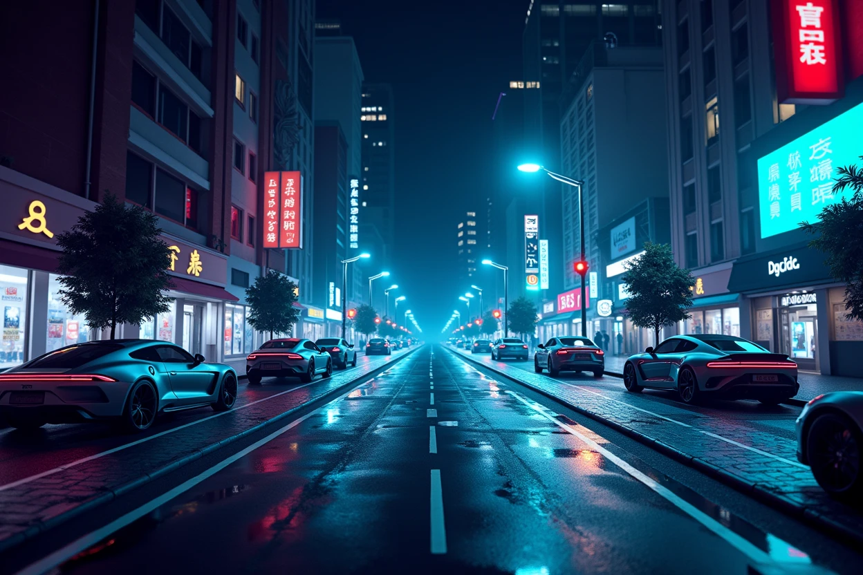 work of art, best qualityer, minimalist art, graphic design, professional art, cyberpunk city 2077, street with futuristic cars and pedestrians, illuminated buildings, technological city, A pe's POV