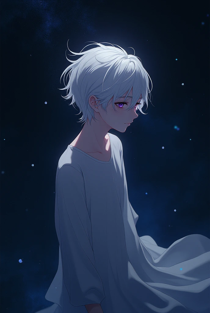 white hair purple eye anime boy depressed eyes and emotionless face, floating in space