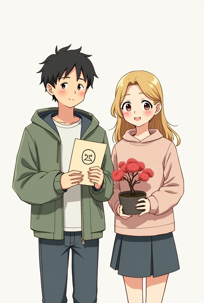 You draw two teenagers, a black-haired boy and a blonde girl, who have in their hands a letter and a pot containing a Japanese cherry tree. The letter will have a monk&#39;s face drawn on it and a farewell symbol., 
 with normal clothes and an easy and classic drawing style