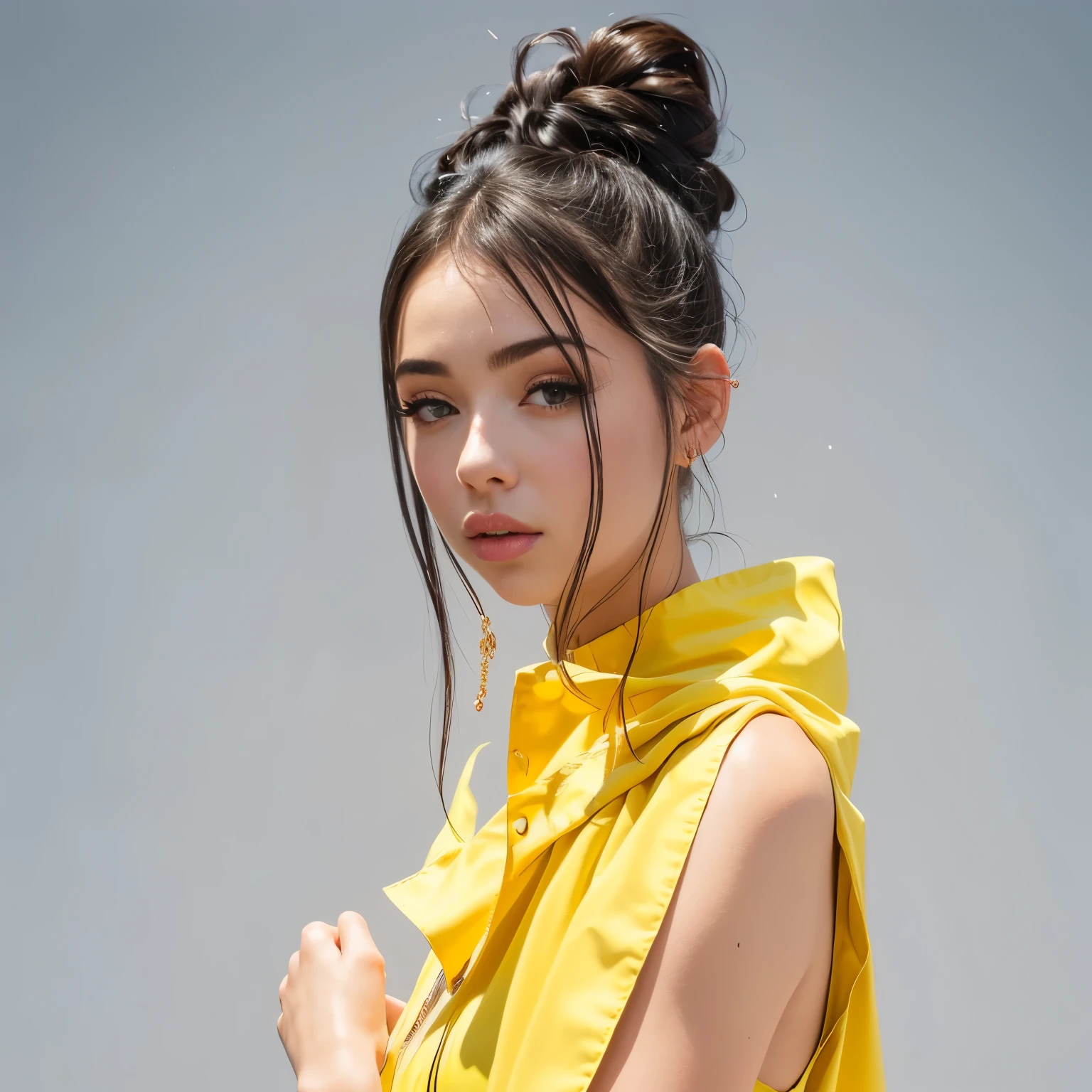 there stands a woman in a yellow dress, posing for a photo, charli xcx, Portrait Sophie Mudd, Bella Poarch, isabela moner, Lily Allen, Billie Eilish, Charli Bowater, Cynthwave, dilraba dilmurat, Profile shot, with yellow cloths, official artwork, Ariane Mark, raining, Belle Delphine