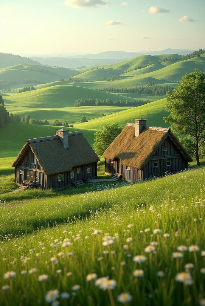 (Photorealism:1.2)A picture of the beauty of Denmark with cottages, meadows in the typical style of Denmark