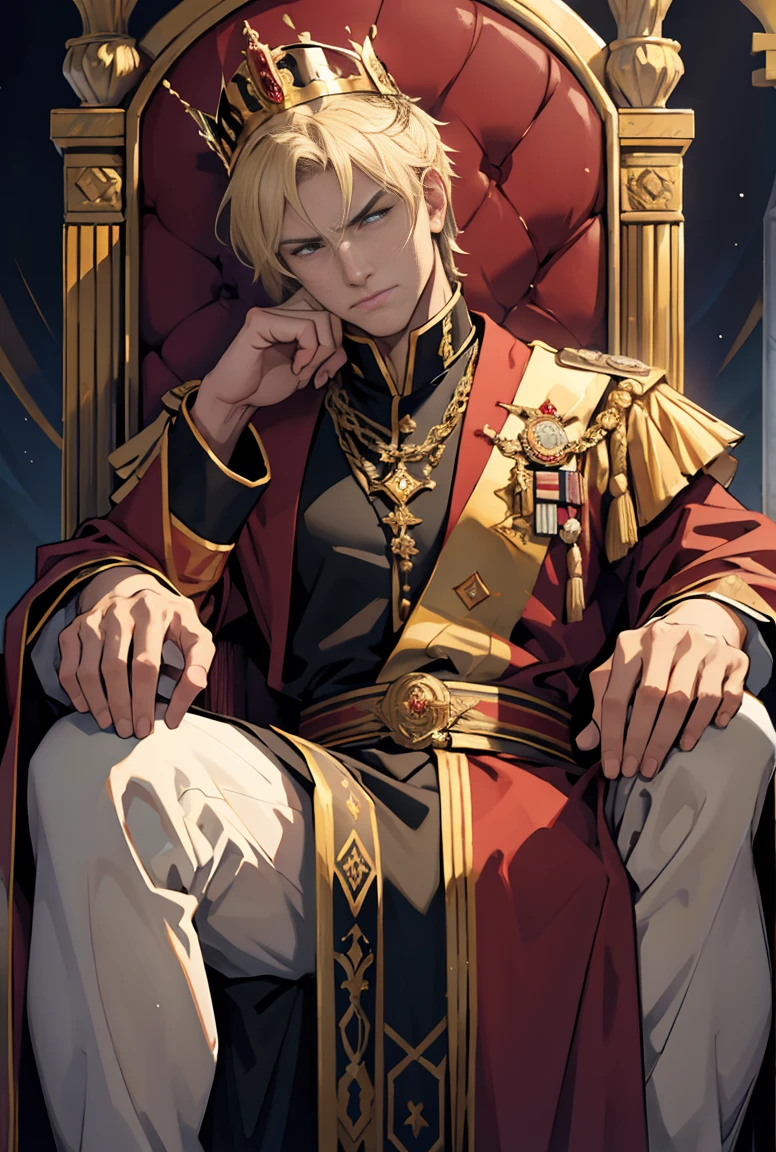 constantinethegreat,best quality,ultra-detailed,photorealistic,portrait,painting,emperor of rome,wise and powerful,strong jawline,sharp eyes,confident expression,dressed in regal attire,sitting on a throne,surrounded by symbols of power and authority,golden crown,red velvet robe,historical background,marble pillars,intense lighting,cold color tones,grandeur and majesty.