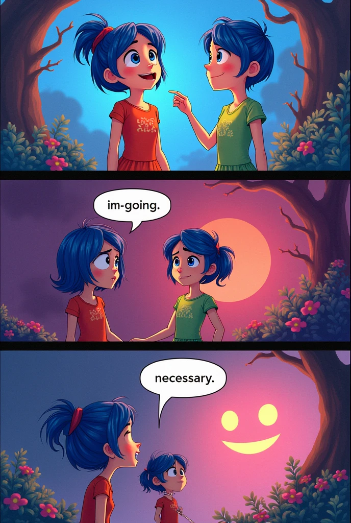 create a comic strip with the characters from inside out in which joy is the main character and needs the help of sadness to overcome her limits.
include the expressions is good, is forbidden, is necessary and the adverbs alert and less