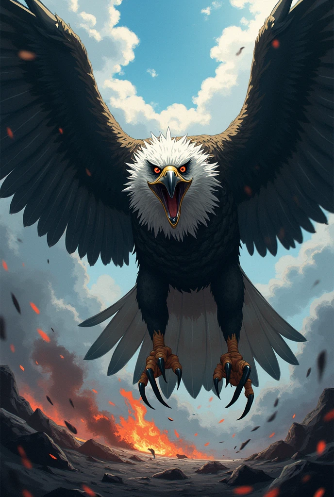 Harpy eagle with a deep angry look attacking anime style and a dark background with blue, yellow and red
