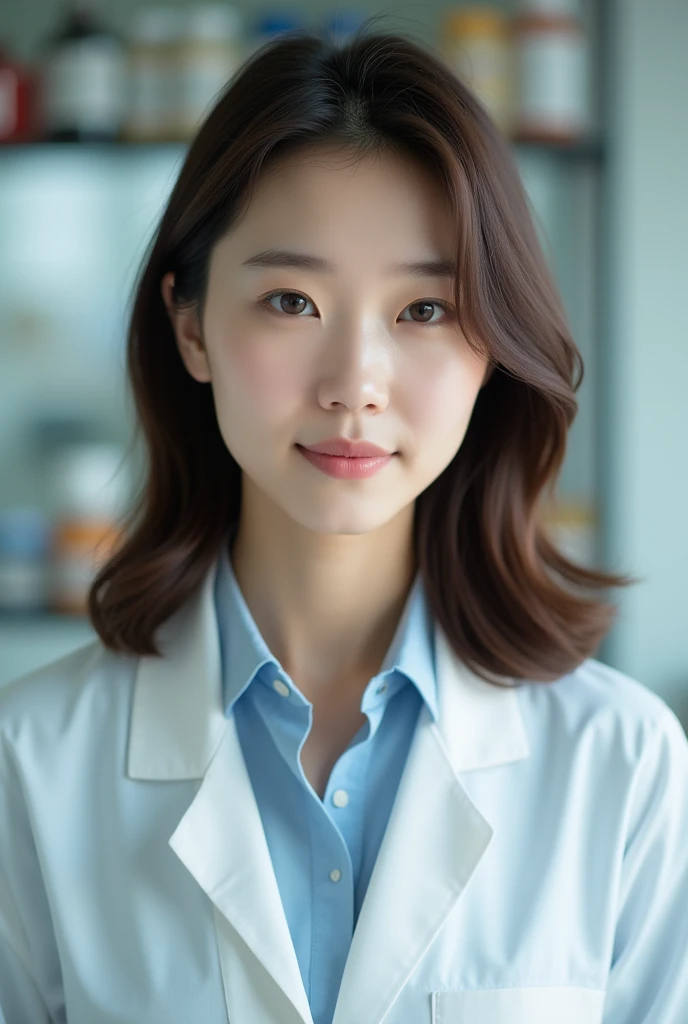A young Korean woman with medium length brown hair, dressed as a pharmacist, a scientist. She has a very gentle look and a thin nose and pink lips..