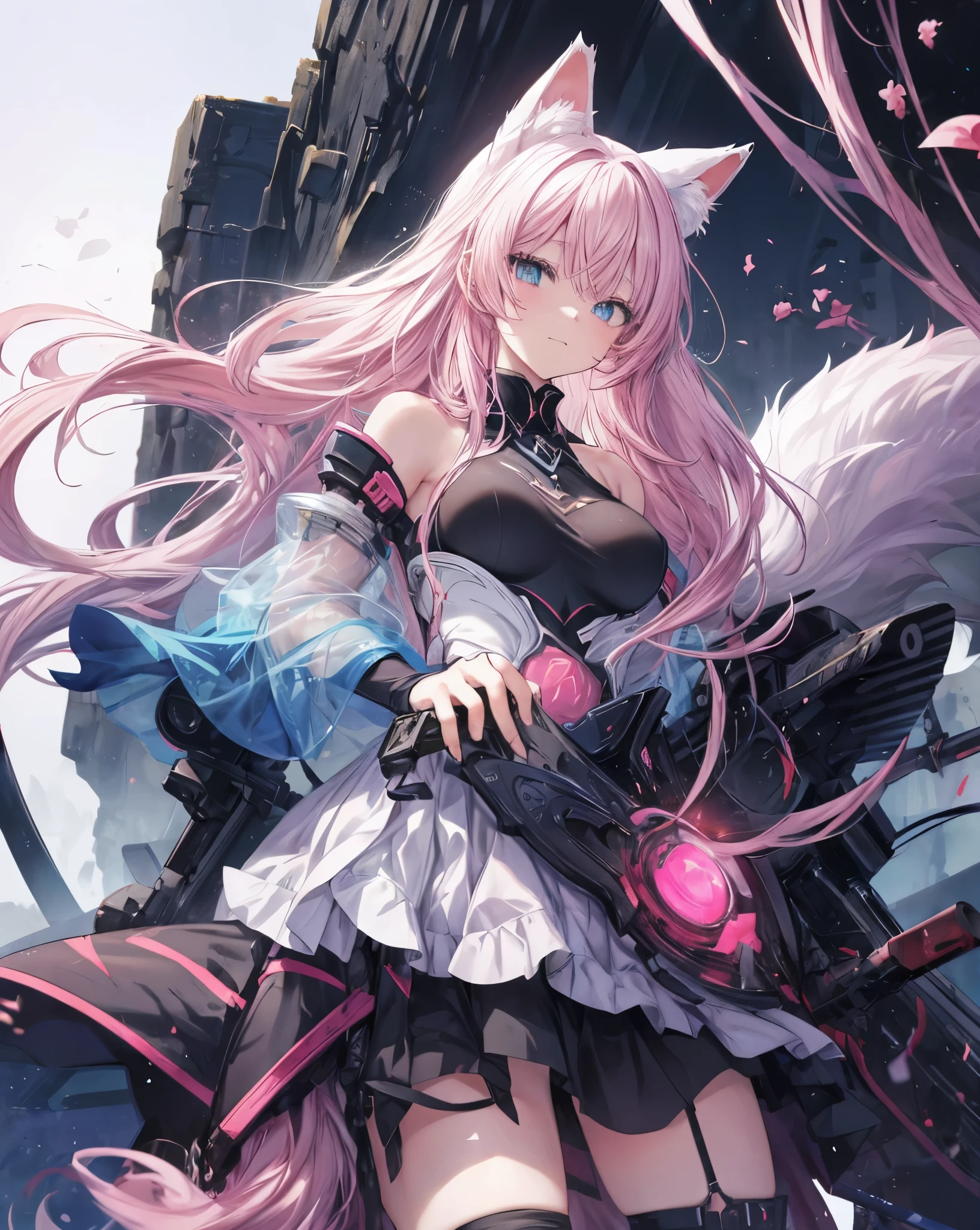 Anime style war, seruous style, 1nekogirl, pink_and_white_cat_ears, fox tail, limited palette, long Straight pink hair, detailed blue eyes. Cat face expression. She is a Mercenary with scars, She is riding a black demon wolf. Outdoor scenery. Point a sword upwards. Behind them there is an army. War is coming. She wear a light armour, with blue trasparent veil. She has bare shoulders. They will fight on Red clay. Canyon desert.