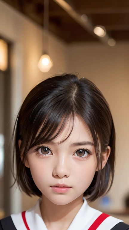 One Girl，(1人のとてもcute女の子:1.3)，masterpiece，Highest quality，High resolution，beautiful girl，(18-year-old:1.3)，cute，Big eyes，(Detailed pupil:1.2)，(The face is facing straight ahead:1.3)，Body facing forward，Beautiful Nose，Fuller lips，Short black hair，ponytail，short hair，Fine eyelashes，Thin eyebrows，Definition of very fine particles，(Symmetrical eyes:1.3)，(Face close-up，Face Focus:1.0)，Sailor suit，Student Style，Portraiture，Show Viewer，Cinema Lighting，High resolution，Very detailed、Open your mouth a little、Inside the cafe