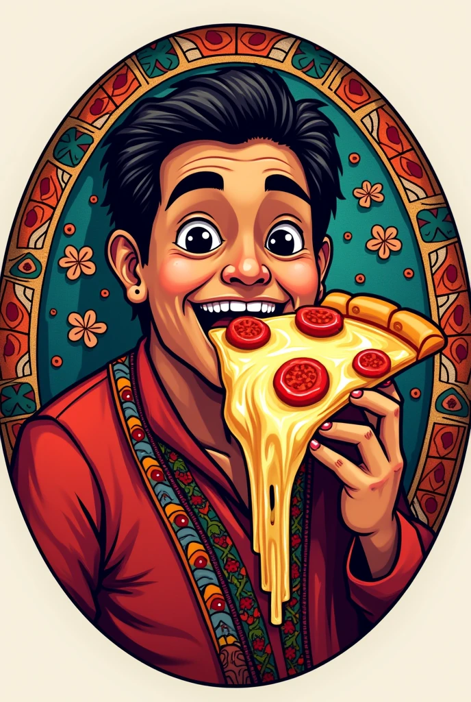 A logo of a Peruvian person eating pizza
