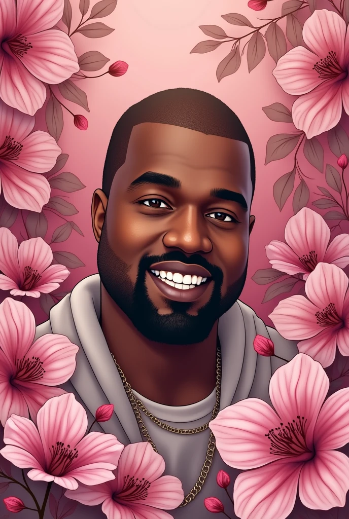 Kanye West wallpaper of a smiling guy without showing his teeth, with pink aesthetic flowers with their music albums