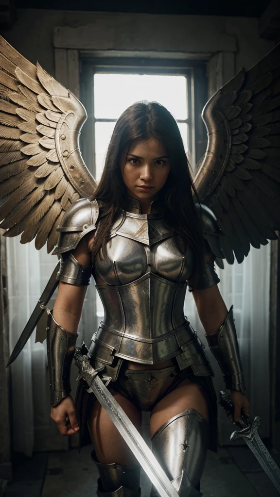 Strong angel with heavenly armor, with sword shield, seven wings, prepared for battle