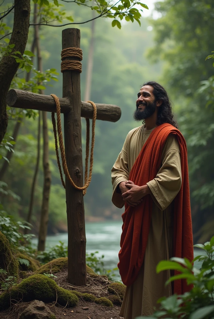 Jesus smiling next to an indigenous man in the middle of the jungle next to a river and in front of a cross that is next to the maloca