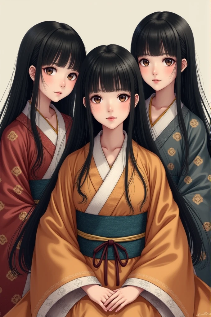 three young Japanese girls with long, very long black hair and bangs, wearing traditional Heian era clothing , realistic photo and beautiful faces, no deformed body