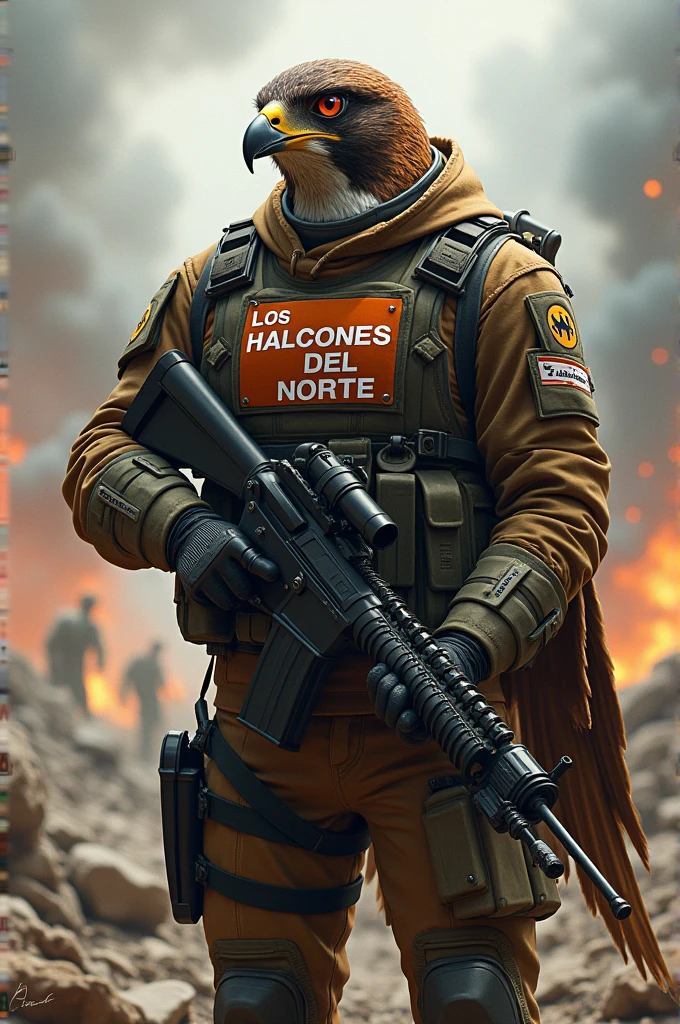 Create a falcon dressed as a special commando holding a machine gun in the background that shows a war and that on the chest in Spanish says the falcons of the North in white with an orange background