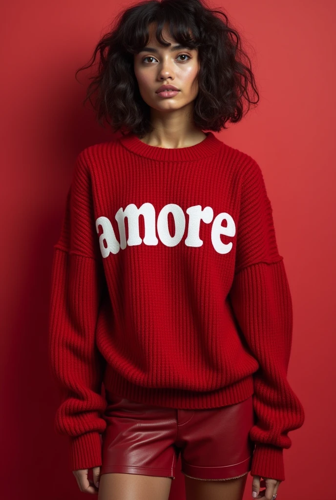 Dark red knited oversized cropped sweater with very big white label 'amore' across the sweater