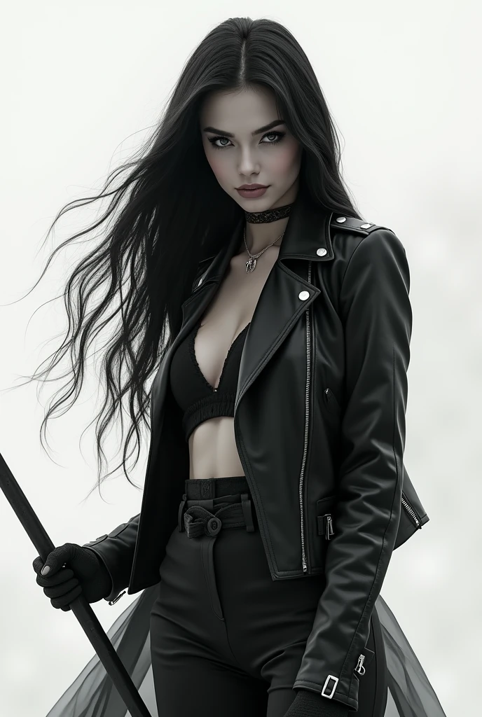 high quality, 8K Ultra HD, A beautiful sexy black hair , dark big eyes , long black hair exposure that combines an goddess crisp lines, The background is monochrome, sharp focus, double exposure, by yukisakura, awesome full color, 30 years tall dominant , full body , wearing a black leather jacket and holding a riding crop
