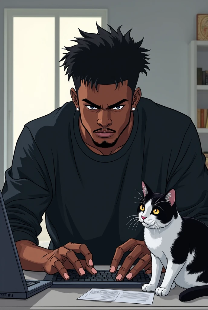 Dark-skinned man wearing black sweatshirt working on computer with a black and white cat in anime format