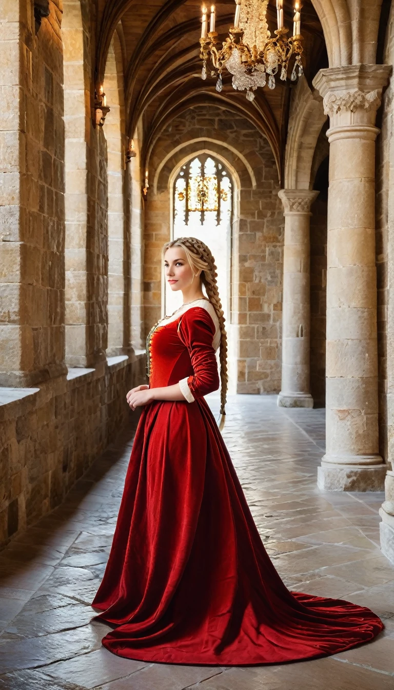 A young blonde woman in medieval red dress with hair braided into two French braids standing in a grand castle with tall, stone walls and tapestries.