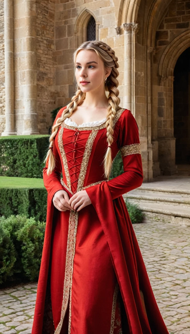A young blonde woman in medieval red dress with hair braided into two French braids standing in a grand castle with tall, stone walls and tapestries.
