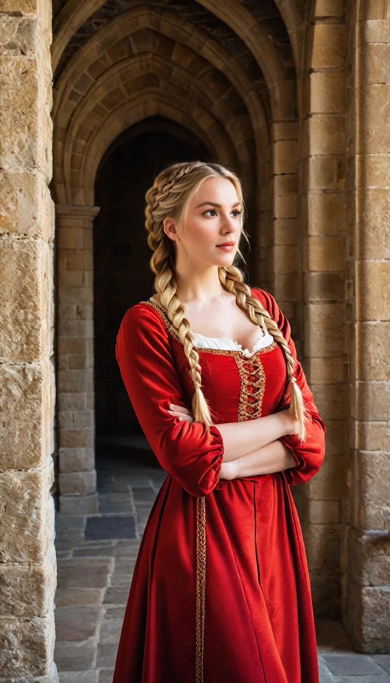 A young blonde woman in medieval red dress with hair braided into two French braids standing in a grand castle with tall, stone walls and tapestries.
