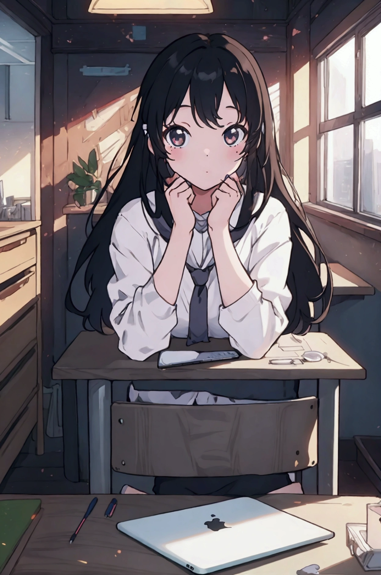 (Masterpiece, highest quality, illustration, fine details), ((highly detailed CG Unity 8k wallpaper, high resolution)), high saturation, low brightness, concept art, ((no people)), (modern and stylish decor), (cute and beautifully decorated room), (sleek desk), (laptop), (ergonomic desk chair), (girl studying in the style of *Kimi ni Todoke*), night, (warm ambient lighting), architectural, indoor, cozy yet modern atmosphere, (minimalist design elements), (soft textures).