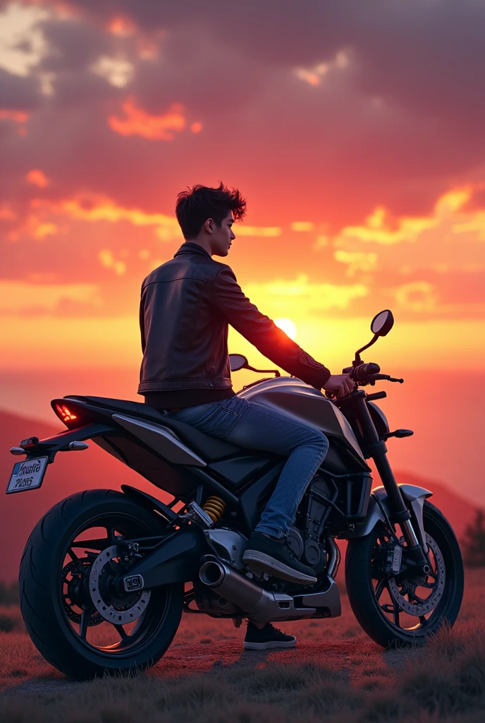 I need you to make me a boy sitting on a luxury motorcycle watching the sunset