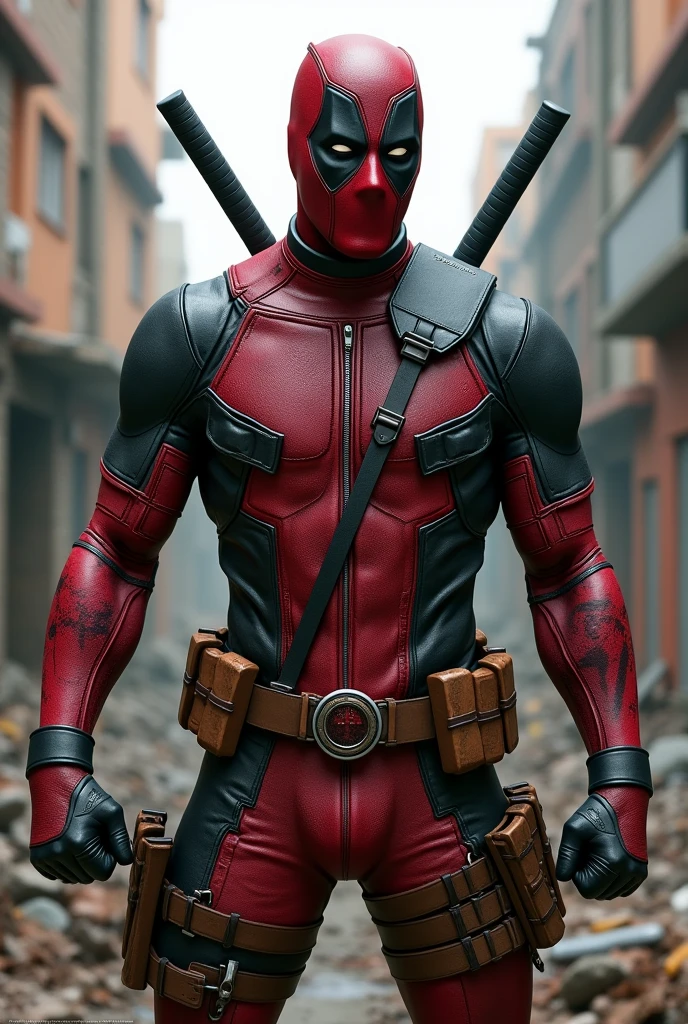 Deadpool without a mask and with his suit destroyed by the battle