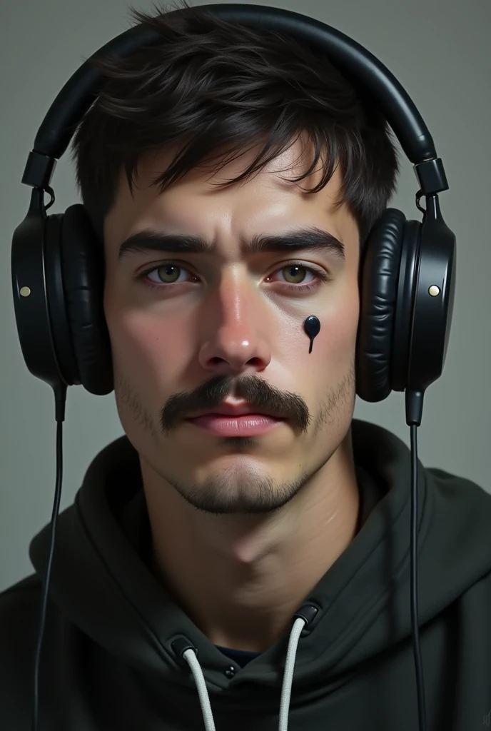 A guy with headphones with hair and a mole on his cheek and a short black mustache