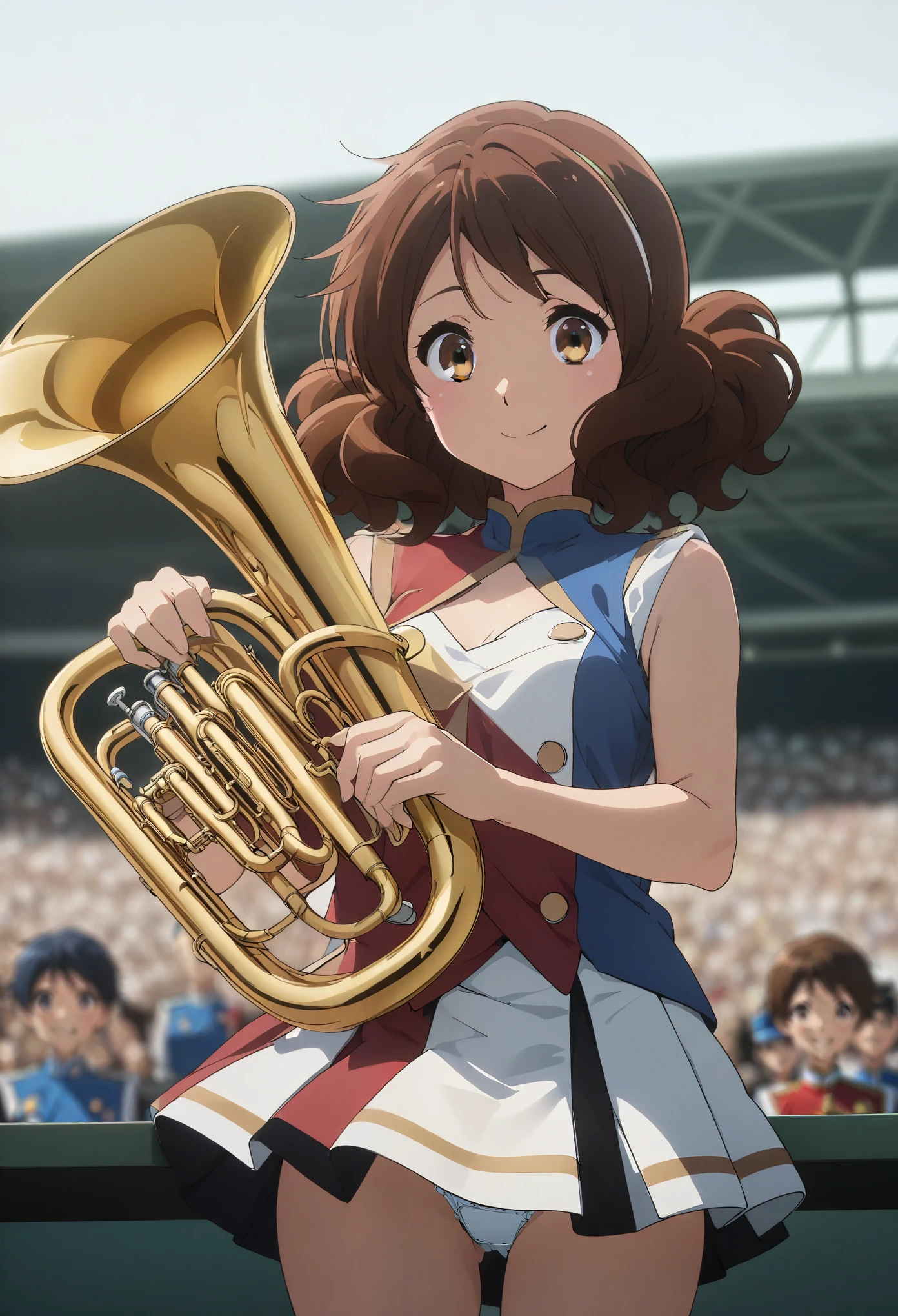 One girl,Oumae Kumiko,Medium Hair,Have a euphonium,
Sun Festival,band uniform,Mini Shako Cap,No sleeve,Blue Vest,Small breasts,smile,Cowboy Shot,Outdoor,
evaluation: general,masterpiece,Highest quality,  (Perfect hands, Perfect Anatomy), 1 girl,Cowboy Shot,Skirt flip,White lace panties,High quality anime、High resolution, Kumiko、Tabletop,band uniform,sunfes marching band uniform,[3D Images:1.5],[[Attractive eyes,Detailed eyes、Shining Eyes, Colorful eyes:1.15],whole、Looking at the audience,8k images,Cute Anime Girl,  (Perfect hands, Perfect Anatomy), I'm smiling at you、