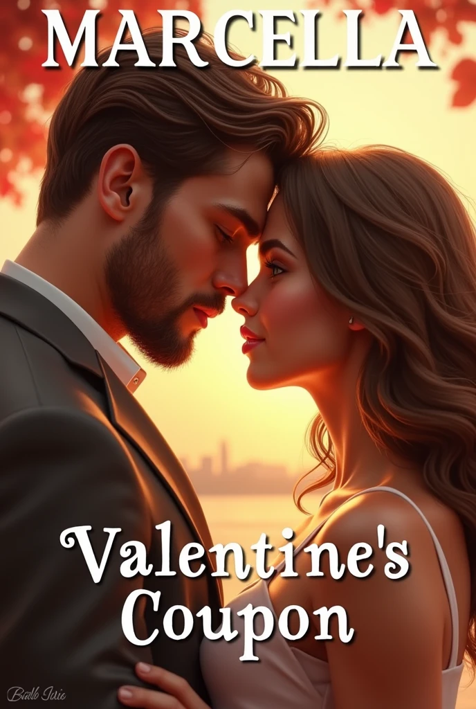 book cover with a couple in marcella france the boy is tall with thick honey brown hair white skin honey green eyes and thick lips without a beard the girl is short with thick wavy brown hair and honey eyes white skin pink and thick lips I want the image for the cover of a book with the title valentine's coupon and to be seen in profile