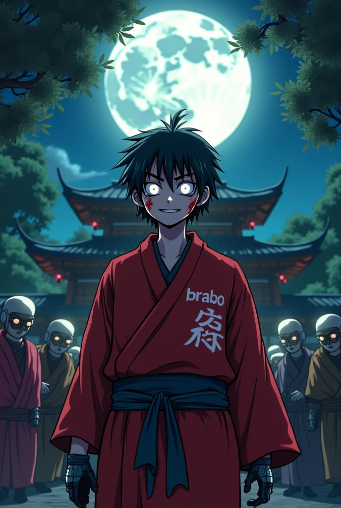 Create an anime-style drawing, showing a ninja in a temple, it's night, the moonlight passes through the leaves of the trees, the ninja is a robot, he's without a mask, he's wearing a red tunic, he's smiling, there are blood stains on his face on his tunic is written the word ''brabo'', In the background there are frightened warriors