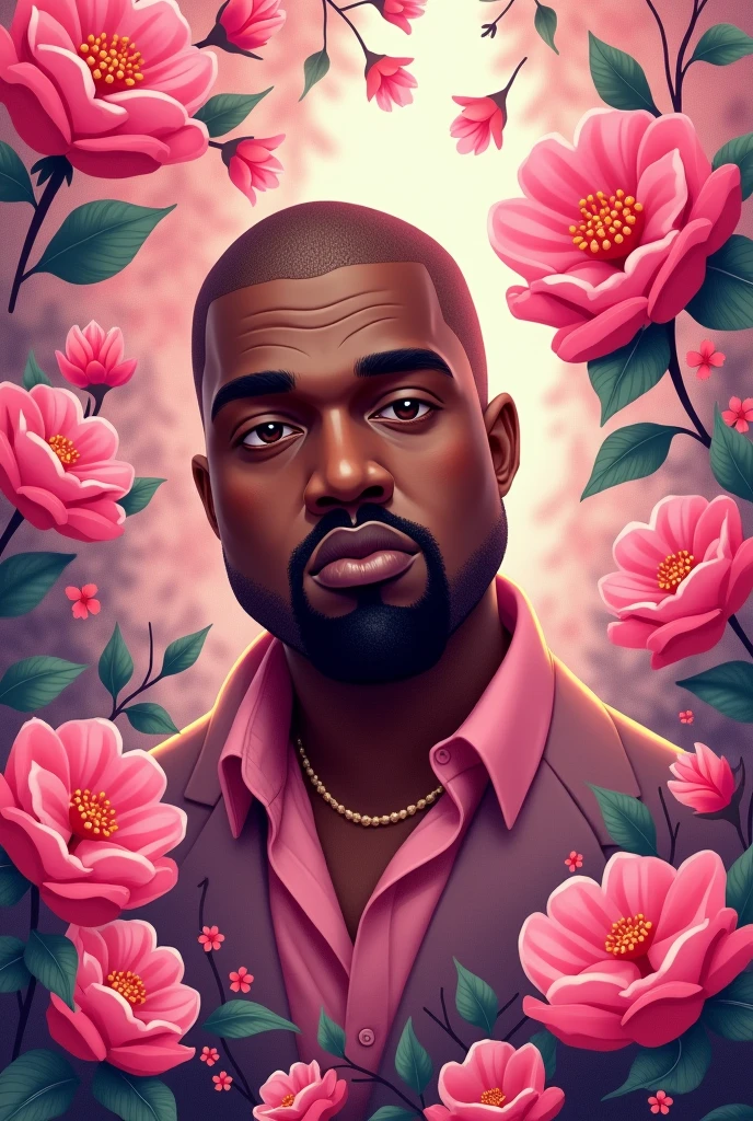 Kanye West Cartoon Wallpaper, with pink flowers with their music albums 